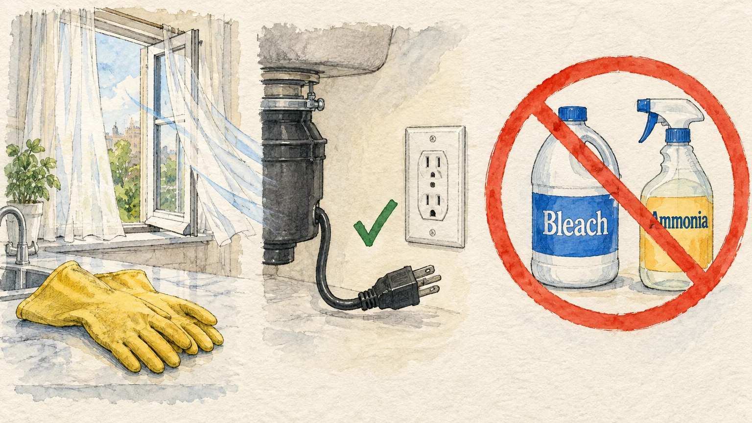 Illustration of cleaning safety: open window, rubber gloves, unplugged disposal cord, and a prohibition sign over bleach.