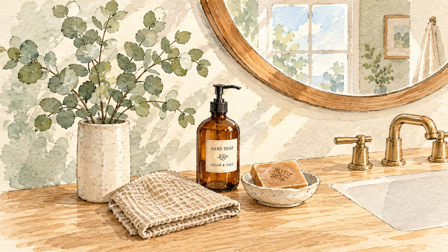Watercolor illustration of a bathroom sink counter with eucalyptus in a vase, amber soap bottle, bar soap, and round mirror.