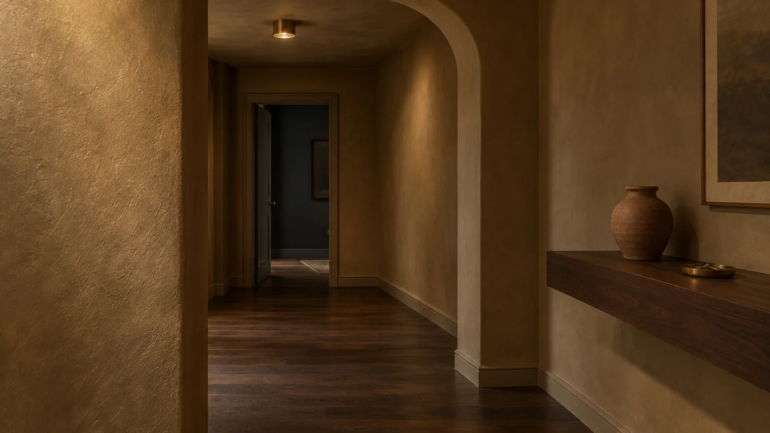 Dimly lit hallway with warm textured brown walls, arched doorway, dark wood floors, and a ceramic vase on a shelf.