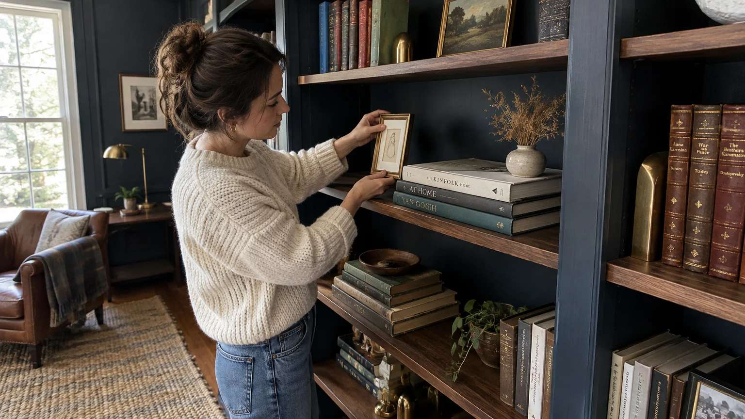 A woman arranging a framed picture on a wooden shelf of dark built-in bookcases in a home library.